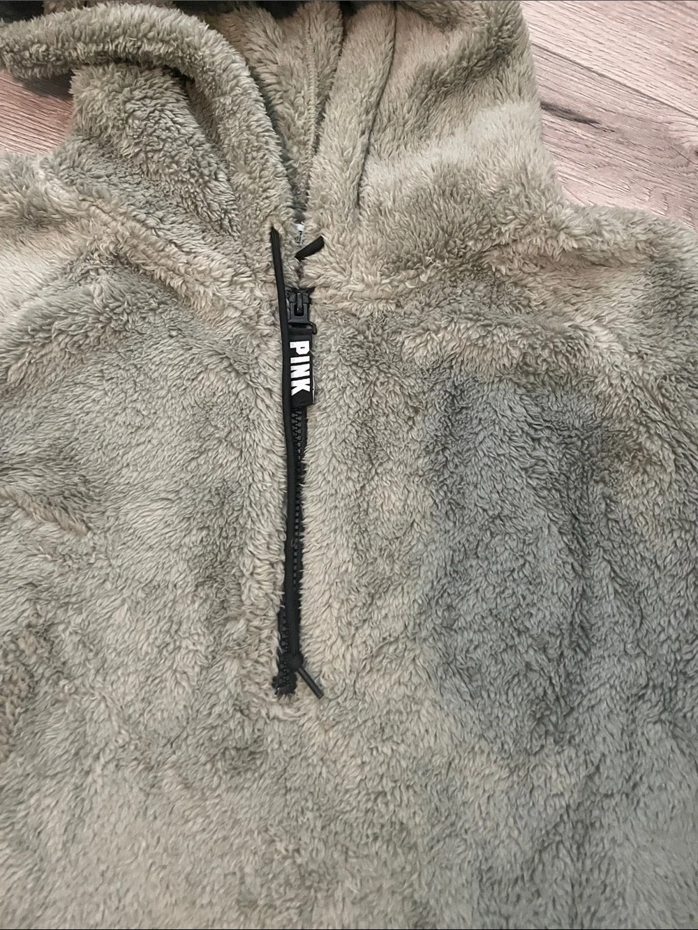 PINK Victoria's Secret Olive Green Sherpa Half-Zip Hoodie